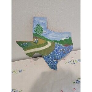 Texas Vtg Handpainted Spring In Texas Bluebonnets Wood Wall Decor unsigned